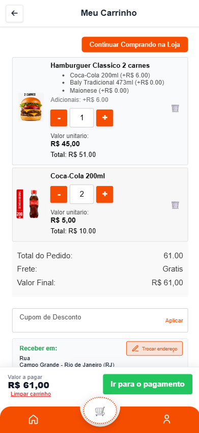 Aplicativo do cliente com carrinho e pedido confirmado